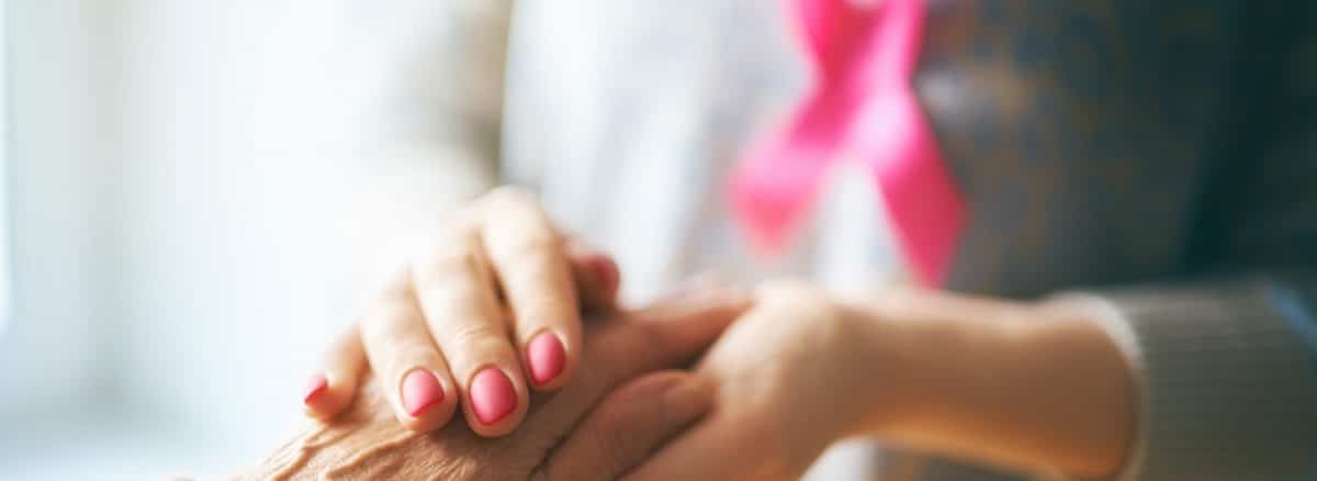 Females hands and symbol of Breast Cancer Awareness