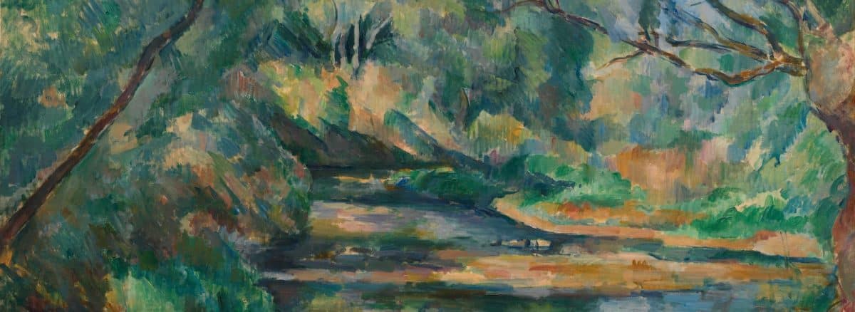 a painting of a river surrounded by trees