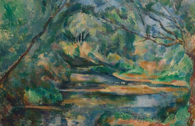 a painting of a river surrounded by trees