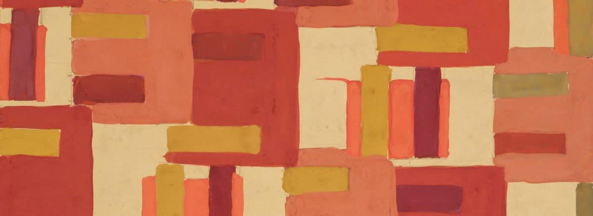 an abstract painting of red, yellow, and orange squares