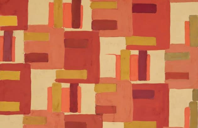 an abstract painting of red, yellow, and orange squares