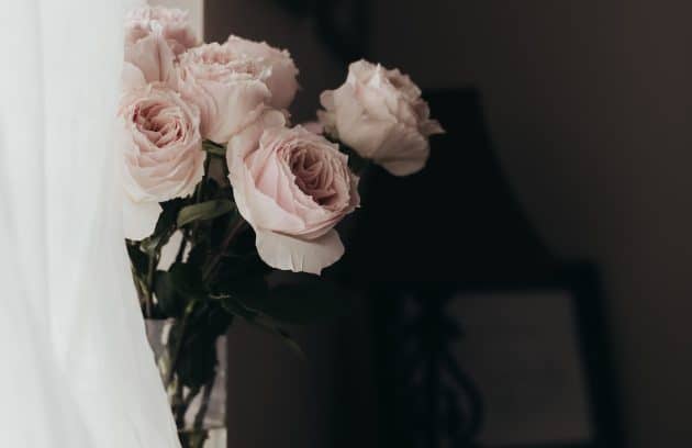 a vase filled with pink roses sitting next to a window