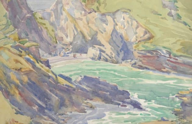 a painting of a rocky coast with a body of water