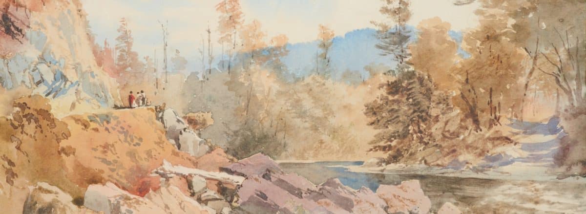 a painting of a mountain stream with people on it