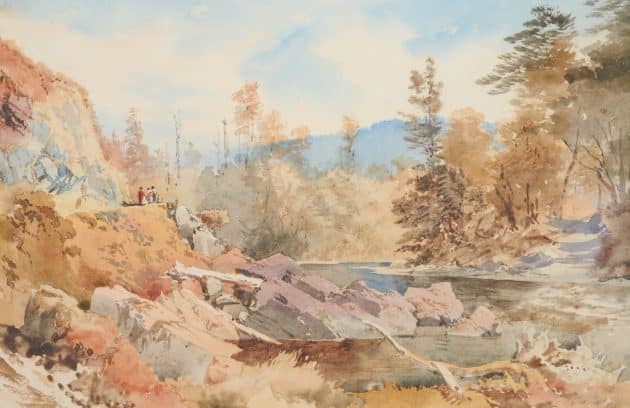 a painting of a mountain stream with people on it