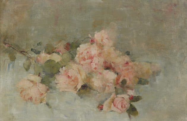 a painting of pink flowers in a vase