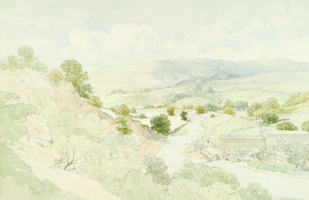 a painting of a hilly area with a river running through it