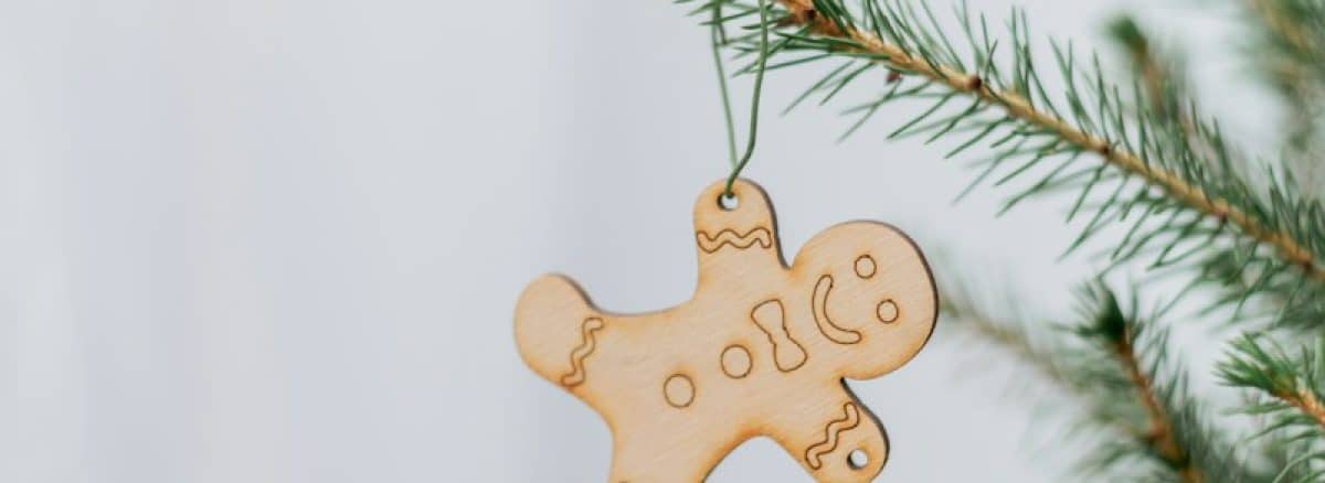 a wooden ornament hanging from a pine tree