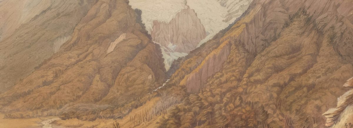 a painting of a mountain range with a river running through it