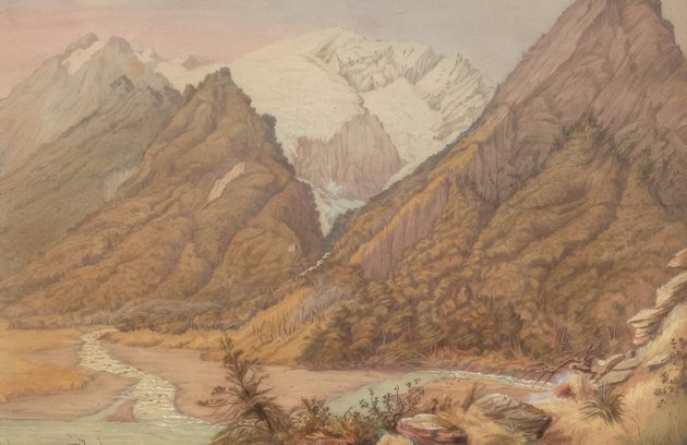 a painting of a mountain range with a river running through it